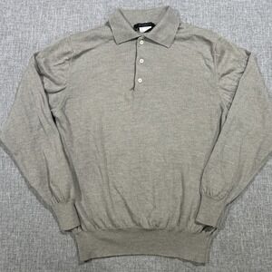 Mitchells Italy Merino Gray Collared Henley Mens L Preppy Button Sweater Vintage